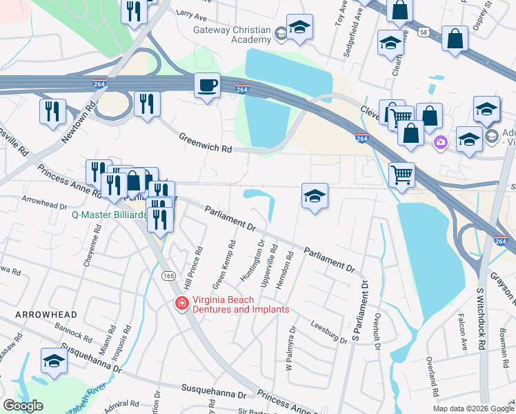 map of restaurants, bars, coffee shops, grocery stores, and more near 132 Loflin Way in Virginia Beach