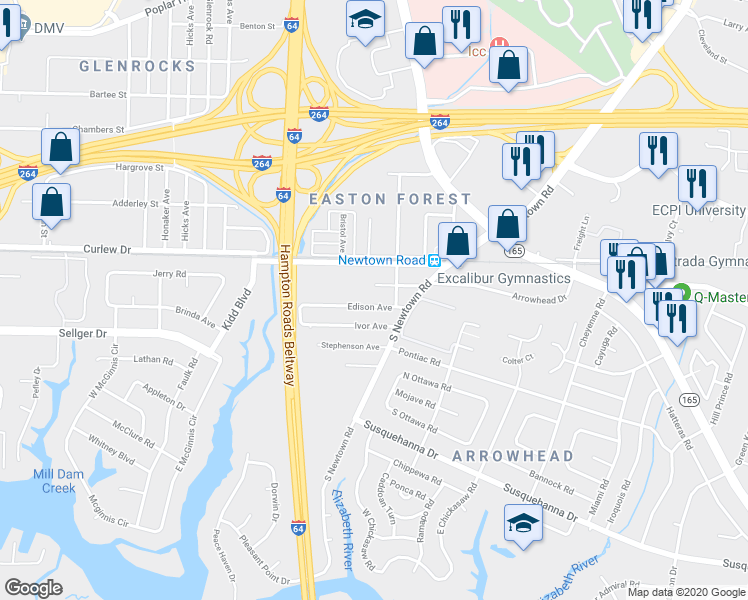 map of restaurants, bars, coffee shops, grocery stores, and more near 6135 Newark Avenue in Norfolk