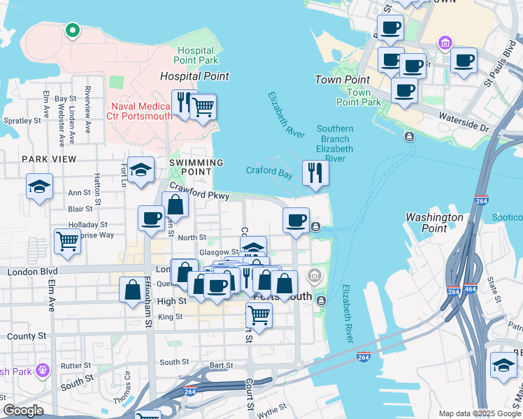 map of restaurants, bars, coffee shops, grocery stores, and more near in Portsmouth