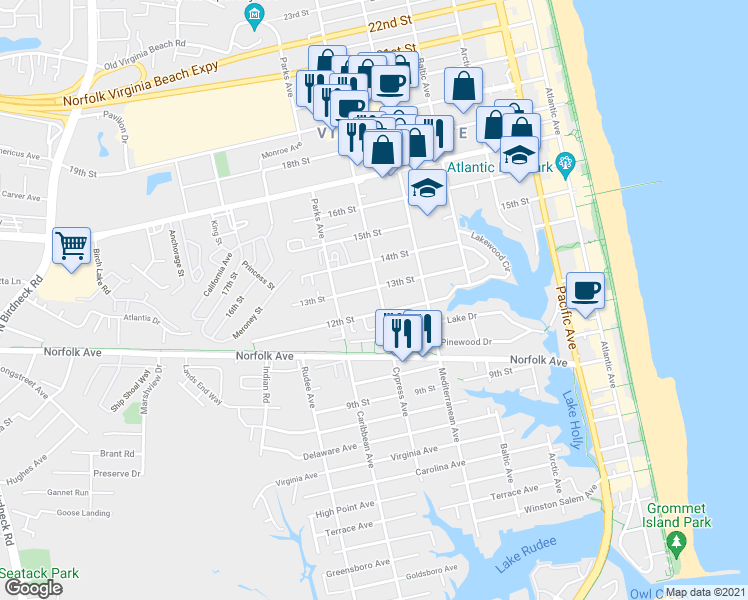 map of restaurants, bars, coffee shops, grocery stores, and more near 1208 Cypress Avenue in Virginia Beach