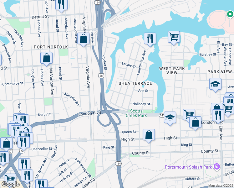map of restaurants, bars, coffee shops, grocery stores, and more near 300 Sandpiper Drive in Portsmouth
