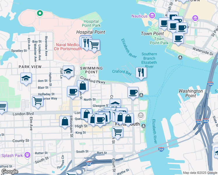 map of restaurants, bars, coffee shops, grocery stores, and more near 49 Manly Street in Portsmouth