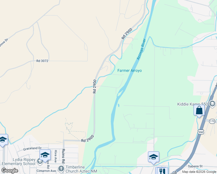 map of restaurants, bars, coffee shops, grocery stores, and more near 131 Road 2900 in Aztec
