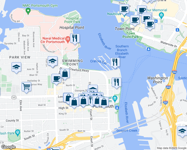 map of restaurants, bars, coffee shops, grocery stores, and more near 145 Crawford Parkway in Portsmouth