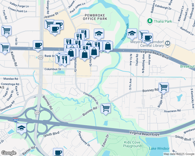 map of restaurants, bars, coffee shops, grocery stores, and more near 4410 Segovia Court in Virginia Beach