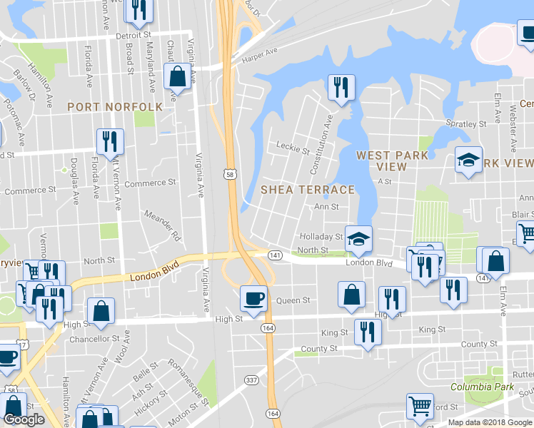 map of restaurants, bars, coffee shops, grocery stores, and more near 300 Sandpiper Drive in Portsmouth