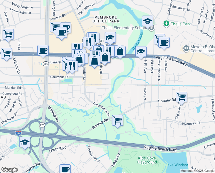 map of restaurants, bars, coffee shops, grocery stores, and more near 4412 Segovia Court in Virginia Beach