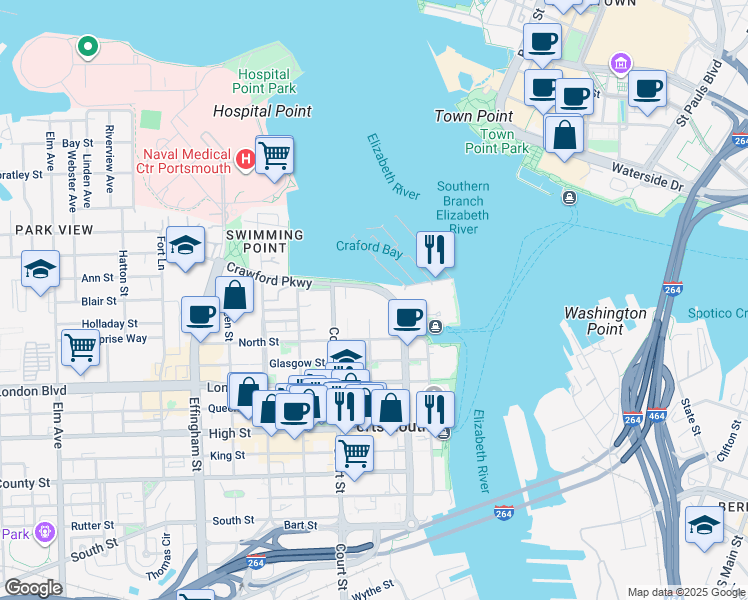 map of restaurants, bars, coffee shops, grocery stores, and more near 502 Crawford Street in Portsmouth