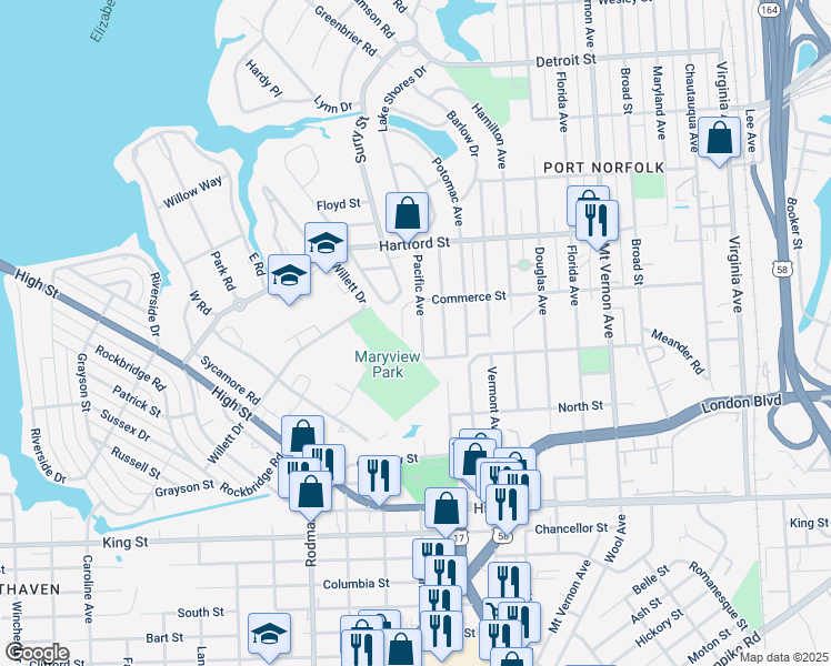 map of restaurants, bars, coffee shops, grocery stores, and more near 820 Pacific Avenue in Portsmouth