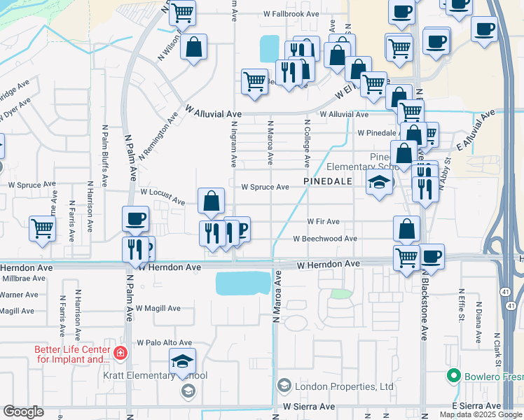 map of restaurants, bars, coffee shops, grocery stores, and more near 427 West Locust Avenue in Pinedale
