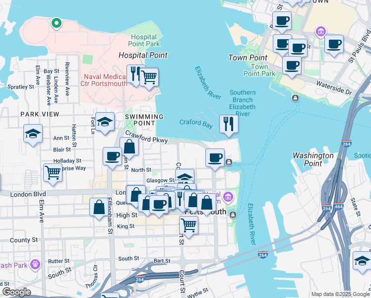 map of restaurants, bars, coffee shops, grocery stores, and more near in Portsmouth