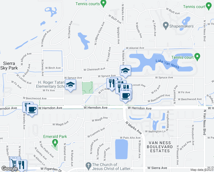 map of restaurants, bars, coffee shops, grocery stores, and more near 7133 North Lead Avenue in Fresno