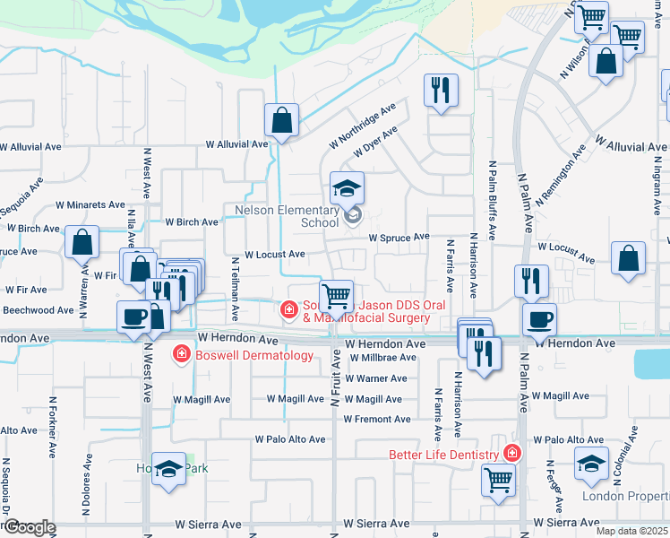map of restaurants, bars, coffee shops, grocery stores, and more near 7166 North Fruit Avenue in Fresno