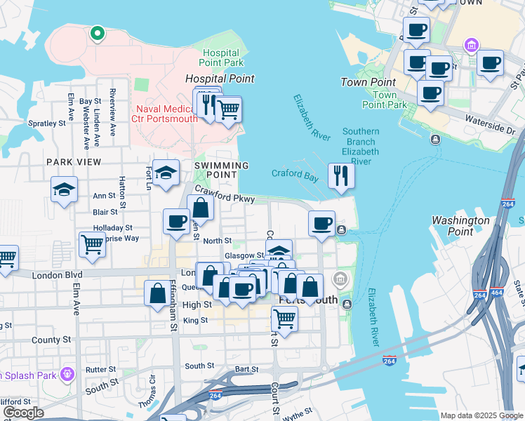 map of restaurants, bars, coffee shops, grocery stores, and more near 310 Court Street in Portsmouth