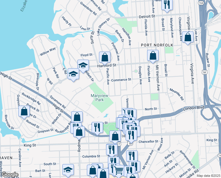 map of restaurants, bars, coffee shops, grocery stores, and more near 821 Pacific Avenue in Portsmouth