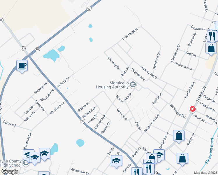 map of restaurants, bars, coffee shops, grocery stores, and more near 54 Stokes Court in Monticello
