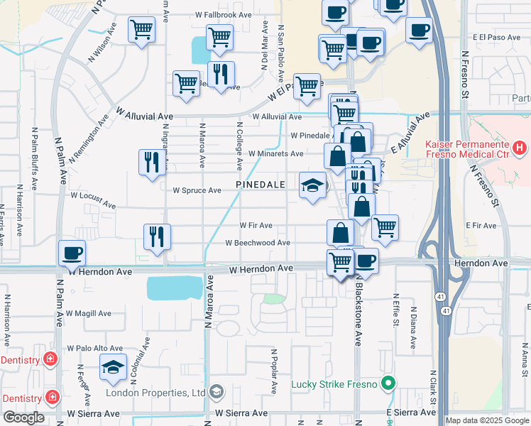 map of restaurants, bars, coffee shops, grocery stores, and more near 247 West Locust Avenue in Fresno