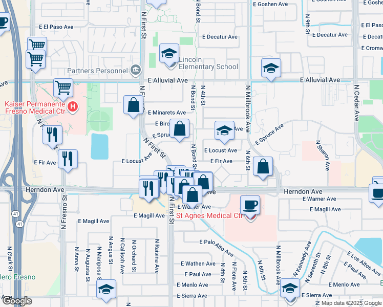 map of restaurants, bars, coffee shops, grocery stores, and more near 7170 North Financial Drive in Fresno