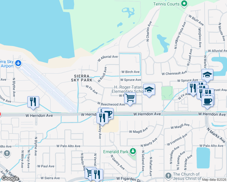 map of restaurants, bars, coffee shops, grocery stores, and more near 3711 West Locust Avenue in Fresno