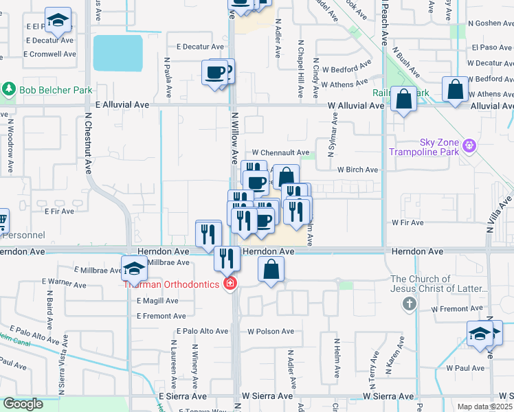 map of restaurants, bars, coffee shops, grocery stores, and more near Clovis Avenue in Clovis