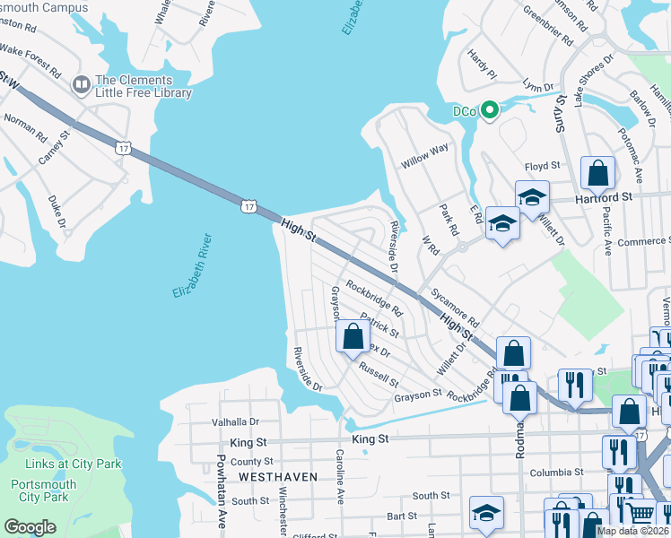 map of restaurants, bars, coffee shops, grocery stores, and more near 3901 High Street in Portsmouth