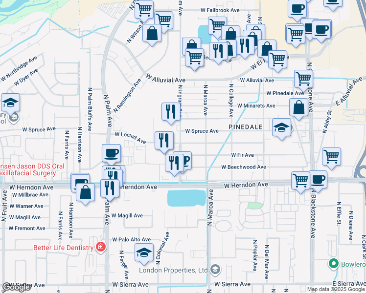 map of restaurants, bars, coffee shops, grocery stores, and more near 501 West Locust Avenue in Fresno