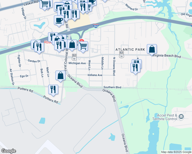 map of restaurants, bars, coffee shops, grocery stores, and more near 1541 Indiana Avenue in Virginia Beach