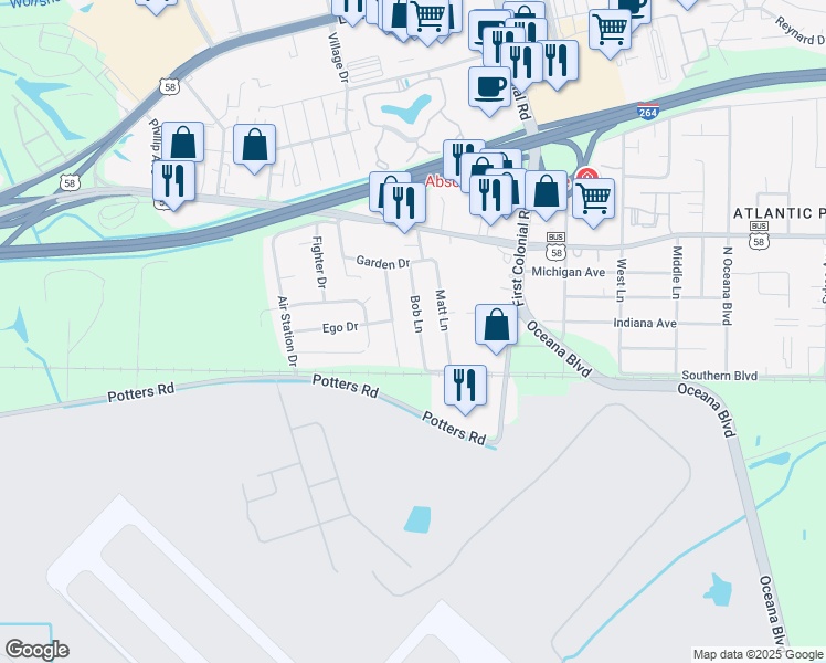 map of restaurants, bars, coffee shops, grocery stores, and more near 122 Lavergne Lane in Virginia Beach