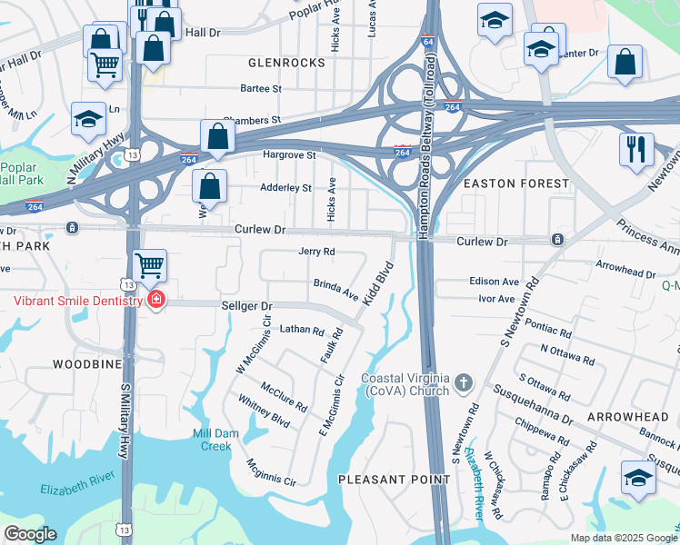 map of restaurants, bars, coffee shops, grocery stores, and more near 113 Effie Avenue in Norfolk