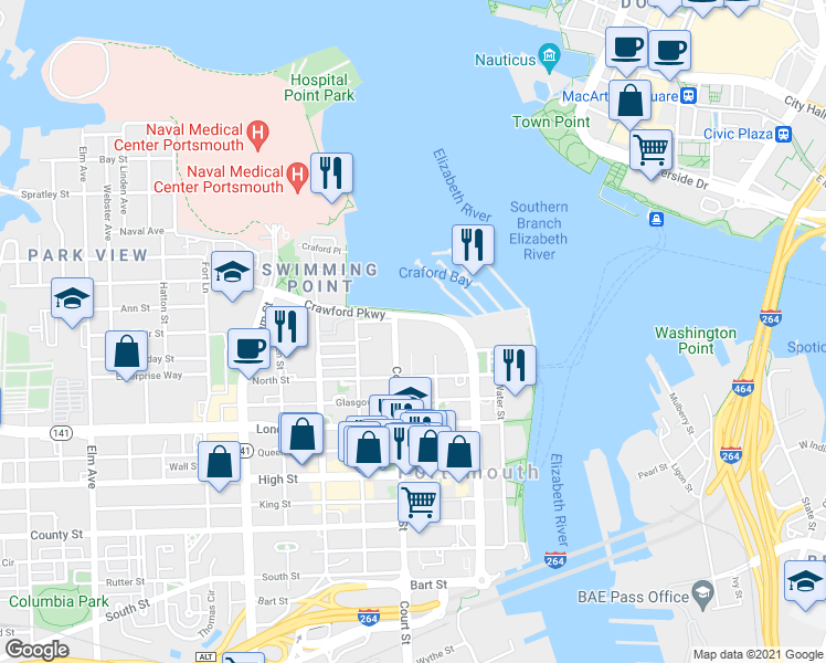 map of restaurants, bars, coffee shops, grocery stores, and more near in Portsmouth