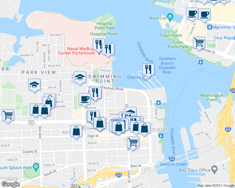 map of restaurants, bars, coffee shops, grocery stores, and more near 415 Waverly Boulevard in Portsmouth