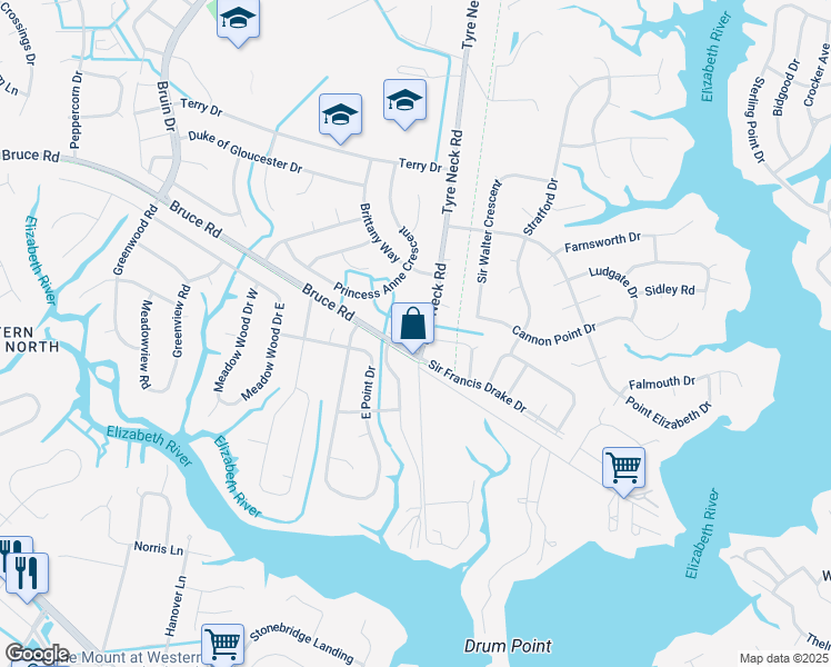 map of restaurants, bars, coffee shops, grocery stores, and more near 2908 Tyre Neck Road in Chesapeake