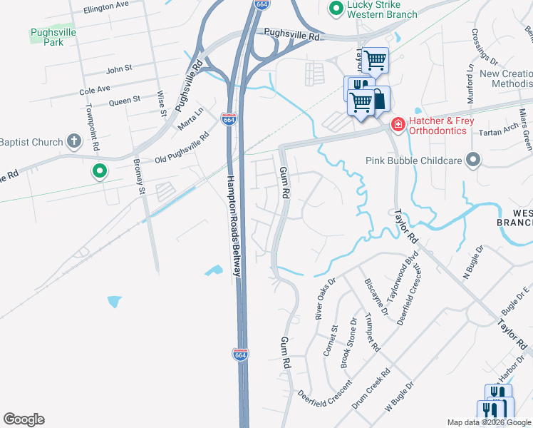 map of restaurants, bars, coffee shops, grocery stores, and more near 4621 Hunting Wood Road in Chesapeake