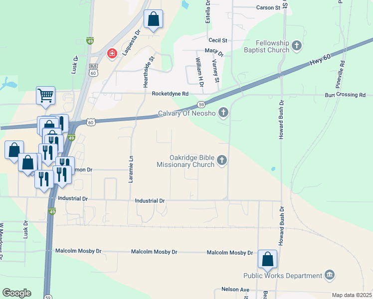 map of restaurants, bars, coffee shops, grocery stores, and more near Neosho Heights Ave in Neosho