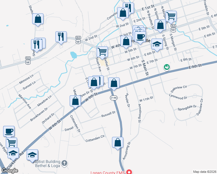 map of restaurants, bars, coffee shops, grocery stores, and more near 585-599 W 8th St in Russellville