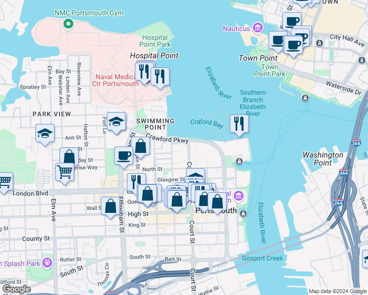 map of restaurants, bars, coffee shops, grocery stores, and more near 310 Court Street in Portsmouth