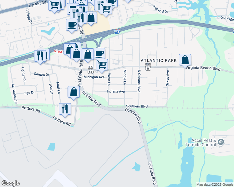 map of restaurants, bars, coffee shops, grocery stores, and more near 1541 Indiana Avenue in Virginia Beach