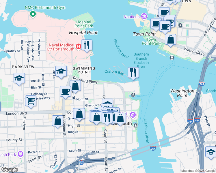 map of restaurants, bars, coffee shops, grocery stores, and more near 149 Crawford Parkway in Portsmouth