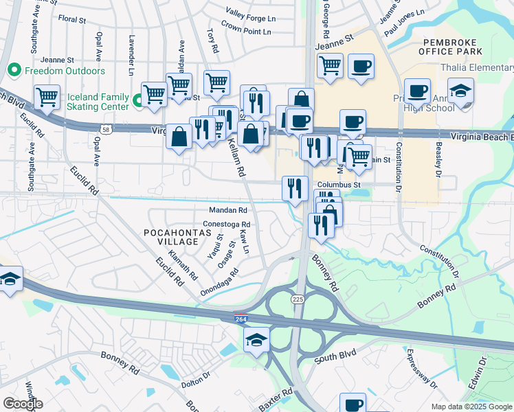 map of restaurants, bars, coffee shops, grocery stores, and more near 100 Kellam Road in Virginia Beach