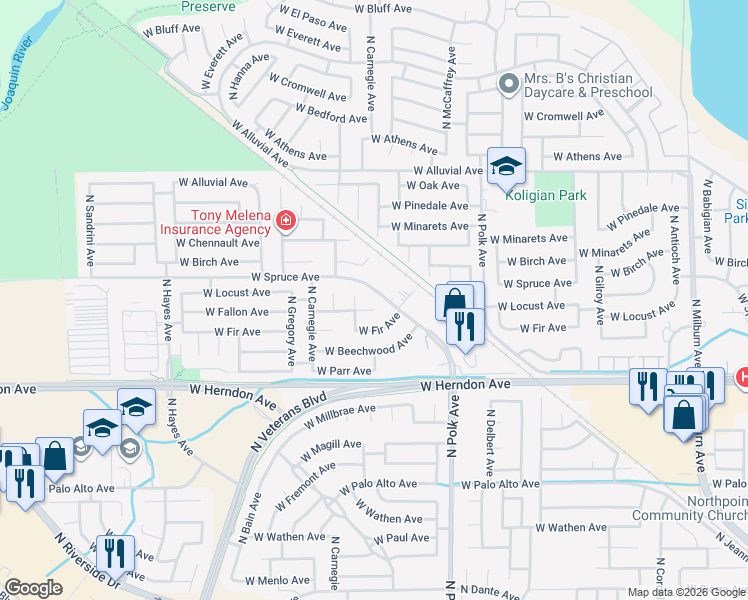 map of restaurants, bars, coffee shops, grocery stores, and more near 7190 North Lola Avenue in Fresno