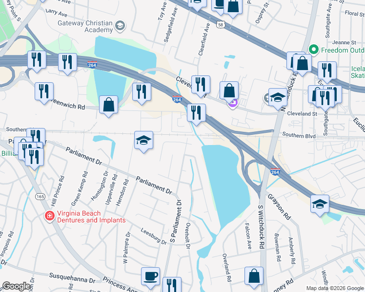 map of restaurants, bars, coffee shops, grocery stores, and more near 5305 Academy Road in Virginia Beach