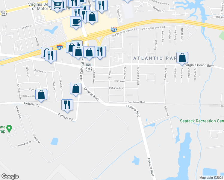 map of restaurants, bars, coffee shops, grocery stores, and more near 1581 Indiana Avenue in Virginia Beach