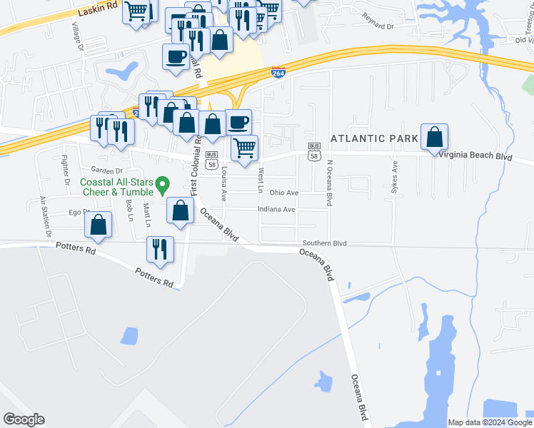 map of restaurants, bars, coffee shops, grocery stores, and more near 1581 Indiana Avenue in Virginia Beach