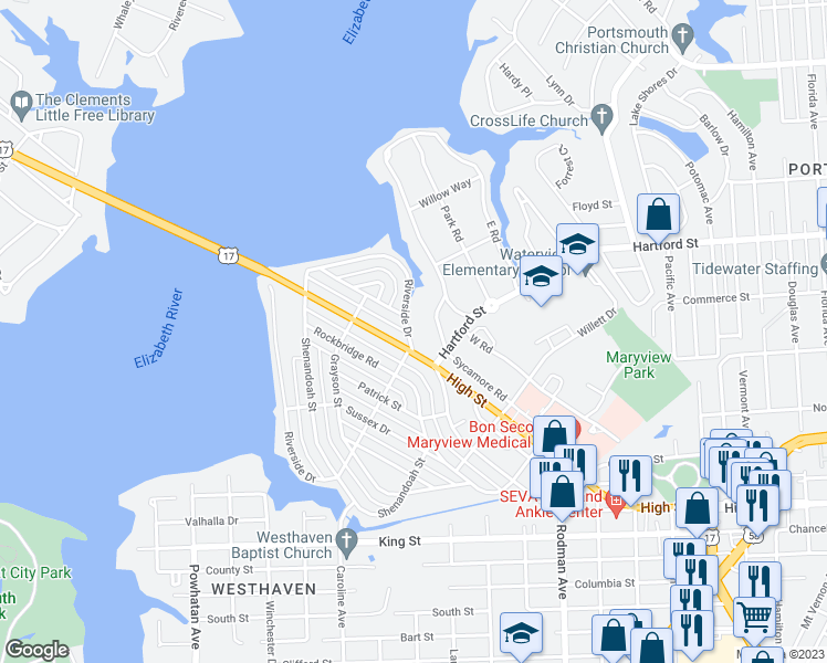 map of restaurants, bars, coffee shops, grocery stores, and more near 114 Riverside Drive in Portsmouth