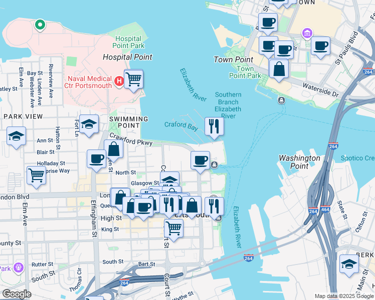 map of restaurants, bars, coffee shops, grocery stores, and more near 302 Crawford Street in Portsmouth