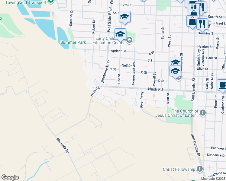 map of restaurants, bars, coffee shops, grocery stores, and more near 801 Nash Road in Hollister