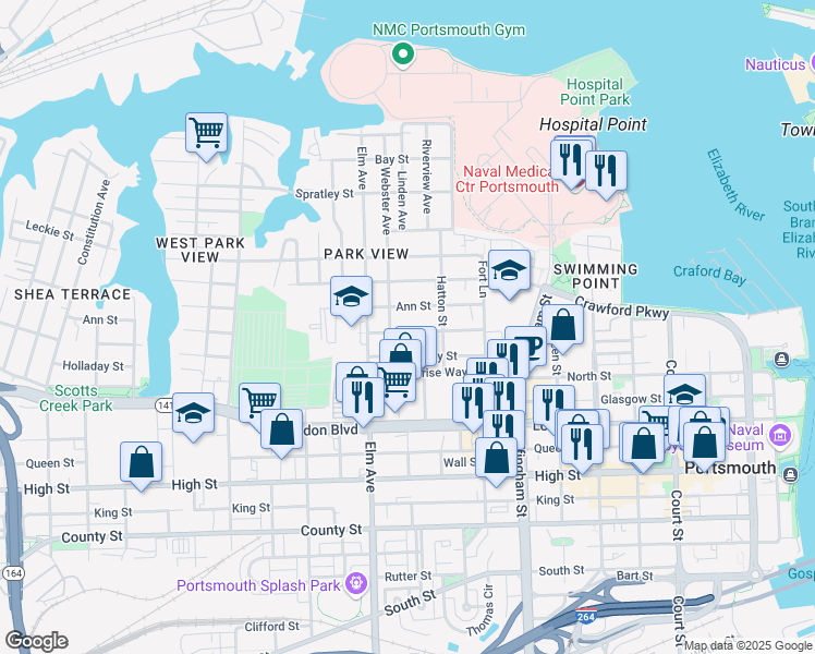 map of restaurants, bars, coffee shops, grocery stores, and more near 1048 Blair Street in Portsmouth