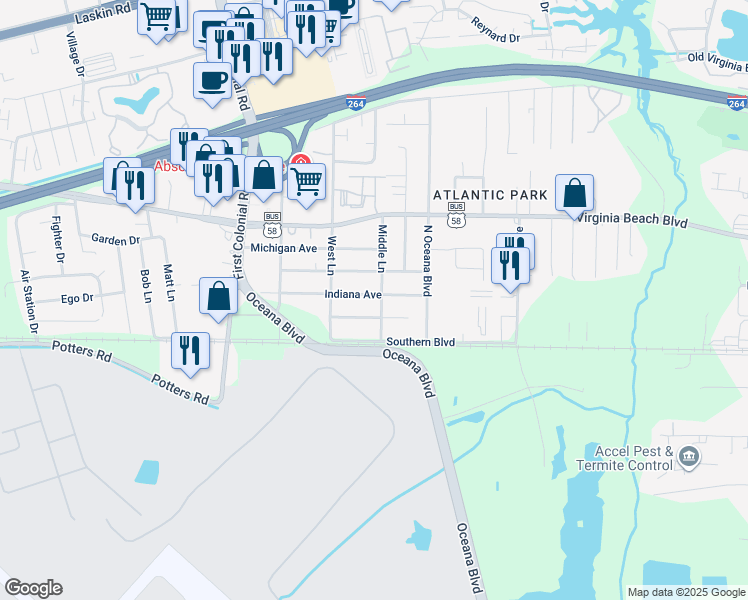 map of restaurants, bars, coffee shops, grocery stores, and more near 1541 Indiana Avenue in Virginia Beach