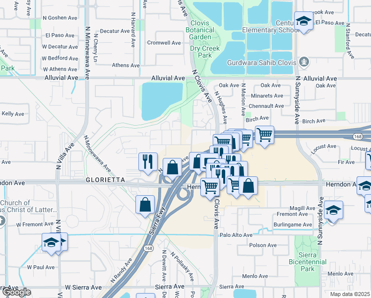 map of restaurants, bars, coffee shops, grocery stores, and more near 640 Park Creek in Clovis