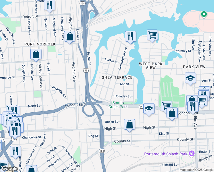 map of restaurants, bars, coffee shops, grocery stores, and more near 256 Idlewood Avenue in Portsmouth
